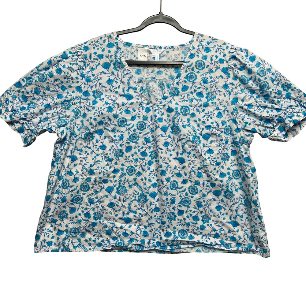 Draper James Top Women XXL White Blue Floral Puff Sleeve V-Neck Cotton